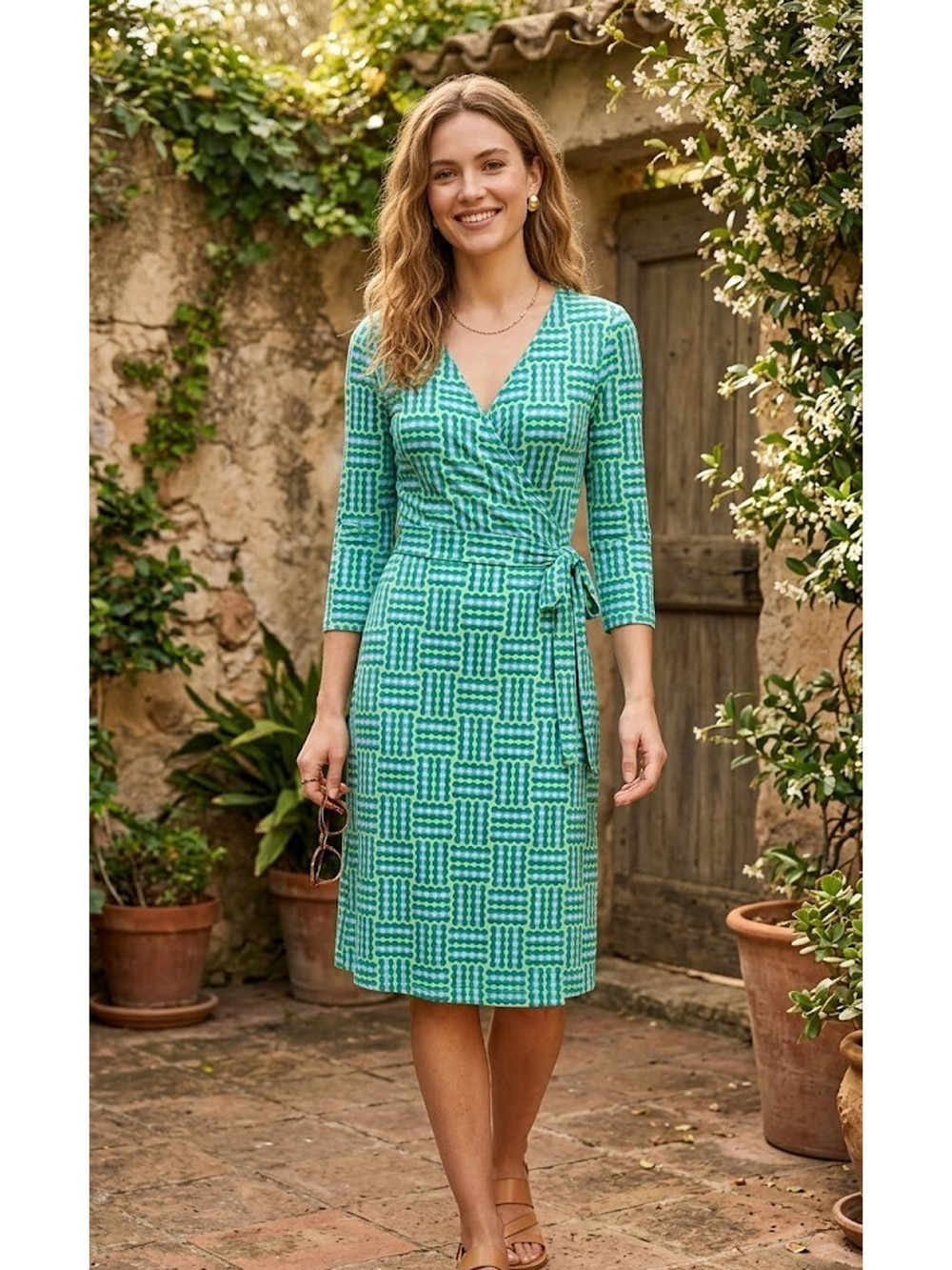Lesley Evers Ruthie Wrap Dress in Corinth Green Geometric Medium New